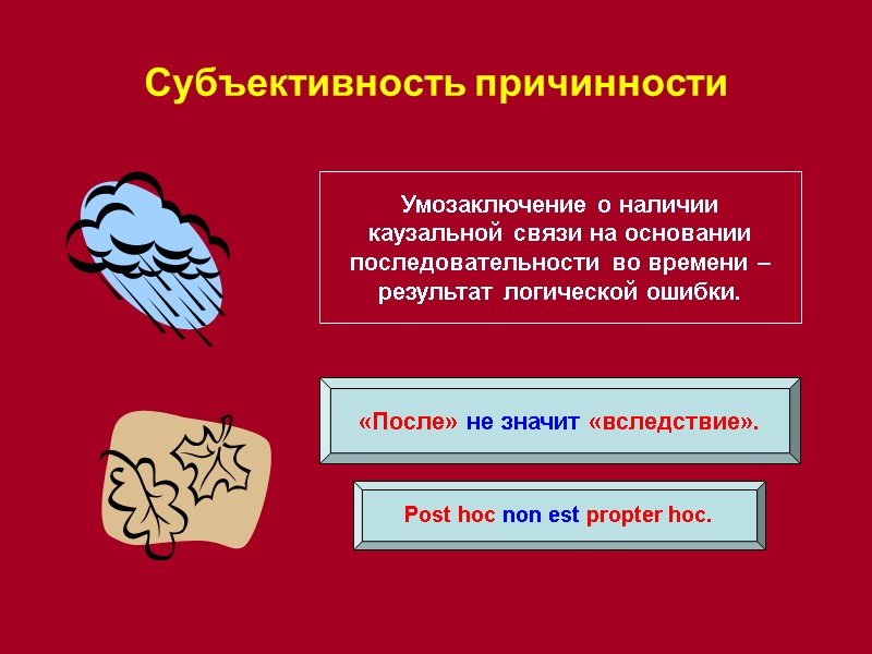 Субъективность причинности Post hoc non est propter hoc. «После» не значит «вследствие». Умозаключение о